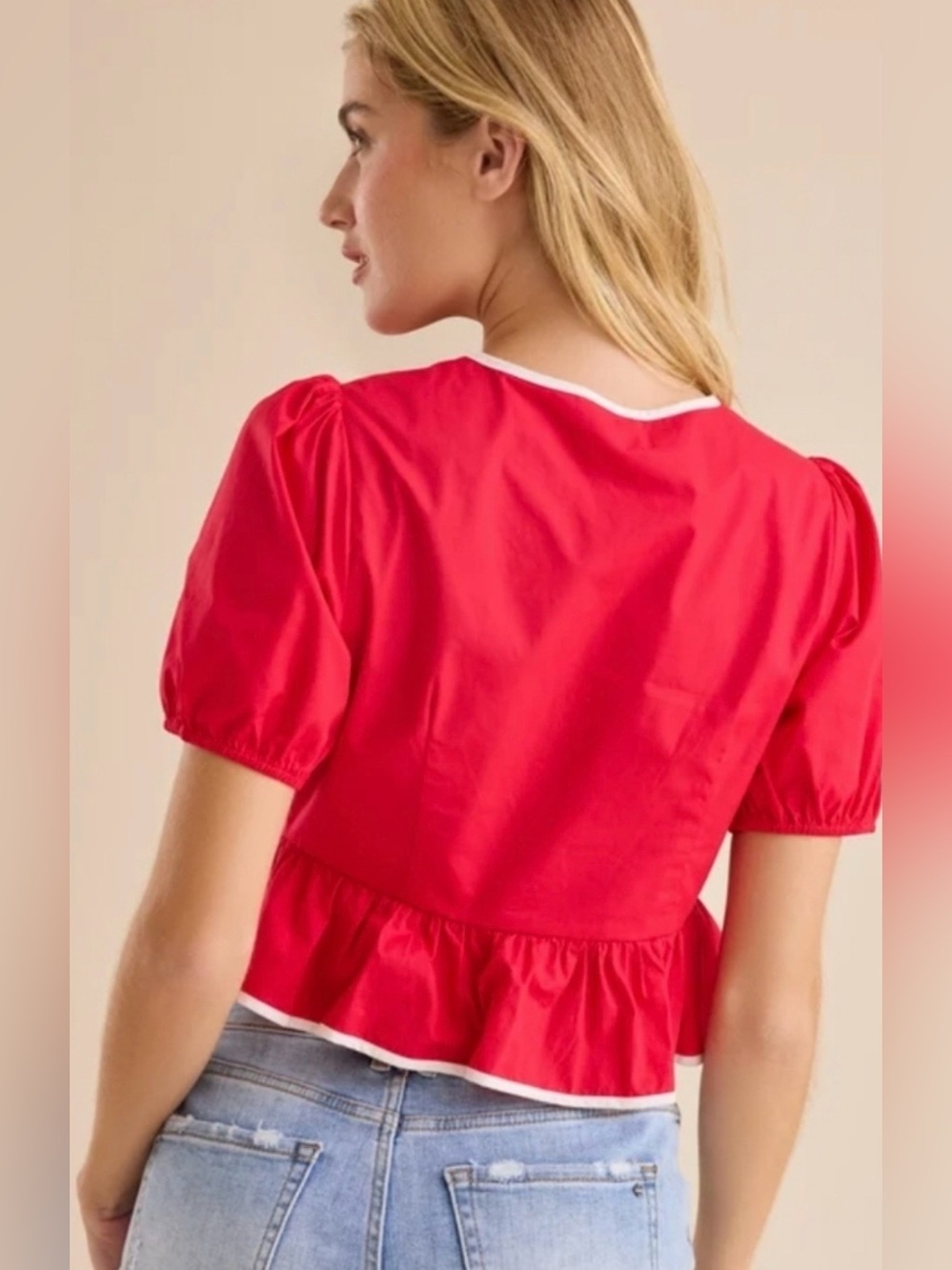 Altar’d State Brett Puff Sleeve Tie-Front Top Red, size S, like new! - Picture 2 of 6